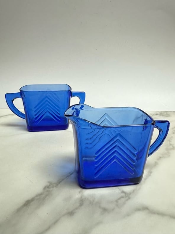 Cobalt Art Deco Cream &amp; Sugar