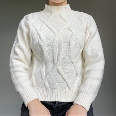 Everlane Women’s White Wool Mockneck Chunky Cable Knit Fisherman Style Sweater 