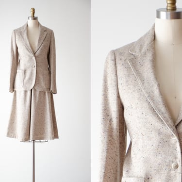 tweed wool suit | 70s 80s vintage John Meyer beige tan wool dark academia style skirt suit 