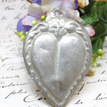 Antique Sterling Silver Ex Voto, Sacred Heart of Jesus, Vintage Religious Milagro 