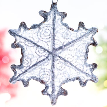 VINTAGE: Wire Silver Glittered Mesh Christmas Snowflake Ornament - Holiday, Christmas - SKU 00034465 