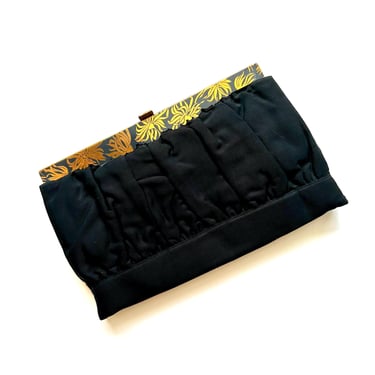 Vintage 1940s 1950s Gold Floral Black Handbag Clutch // 40s 50s Evening Purse 