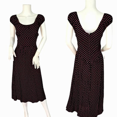 Betsey Johnson 1990's Black Pink Polka Dot Rayon Pin Up Dress I Sz Med 