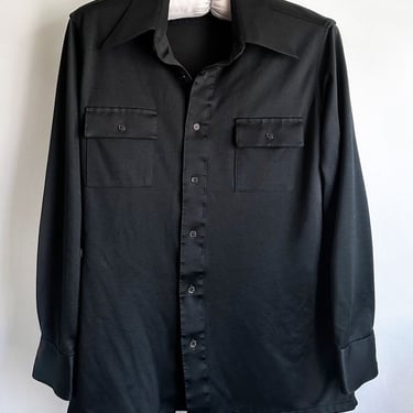Vintage 1970s Men's Vintage Solid Black Polyester Long Sleeve Shirt, 44" chest, XL ,Disco, 1960s Hippie Gangster Button Down Oxford Shirt 