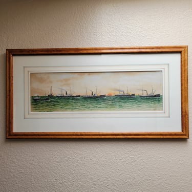 Antique Circa 1900 Gouache Maritime Painting of Steam Ship Fleet, by "Tully"