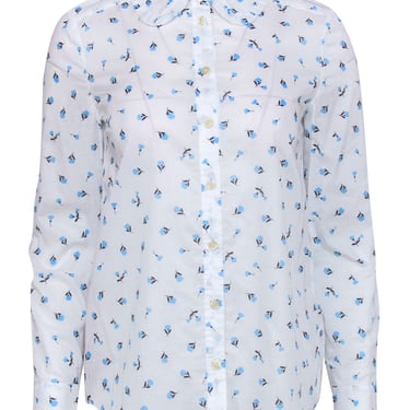 Kate Spade - White &amp; Blue Floral Print Button Up Shirt w/ Ruffled Collar Sz XS