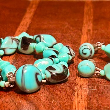 Jewelry Set Bracelet and Screwback Earrings Glass Turquoise and Black Handmade Vintage Gift 