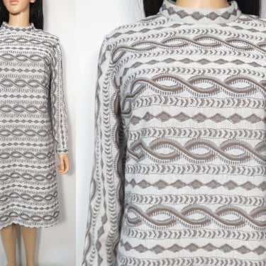 Vintage 60s Geometric Chain Print Knit Neutral Tones Mock Neck Dress Size L 
