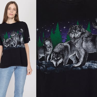 Large 90s Black Wolf T Shirt | Vintage Graphic Animal Wildlife Print Tee 