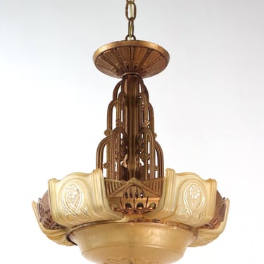 Vintage Lightolier Art Deco Bronzed Iron Amber Slip Shade Chandelier