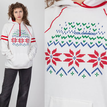 Large 80s Colorado Tourist Hoodie Men's | Vintage White Red 8-Bit Graphic Hooded Sweatshirt 
