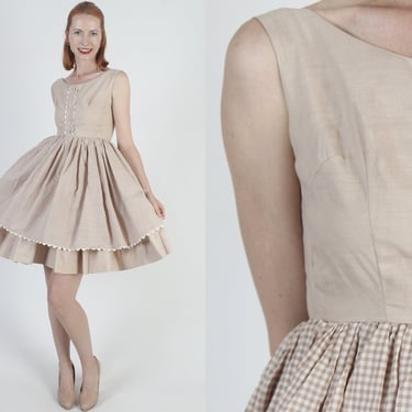 Tan RicRac Gingham Mini Dress 70s Full Skirt Americana Outfit Rustic Ric Rac Trim Square Dancing Frock XS 