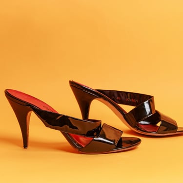70s Black Patent Leather Strappy Cross Heels Vintage Leather Red Contrast Pointy Heel Pumps 