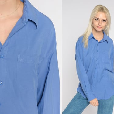 Blue Button Up Shirt Y2K Plain Long Sleeve Collared Top Retro Basic Simple Preppy Minimalist Solid Oxford Collar Vintage 00s Extra Large xl 