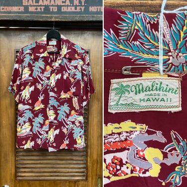 Vintage 1940’s Original “Malihini” Cartoon Hula Girl Tiki Rayon Hawaiian Shirt, 40’s Vintage Clothing 