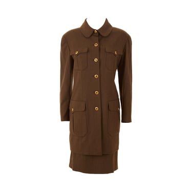 Chanel Olive Logo Button Trench Skirt Set