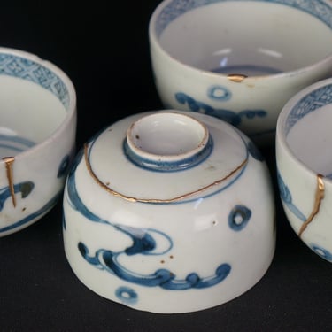Vintage Kintsuki Yunomi Cups Seto kiln art 1900 Meiji era craft set of 4 