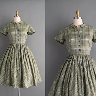 vintage 1950s Bobbie Brooks Plaid Cotton Print Full Skirt Dress | Small 