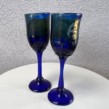 Vintage cobalt blue tall wine chalice glasses set 2 signed hand blown 