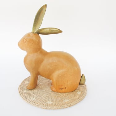 Wood Carved Bunny Rabbit with Brass Ears and Tail 