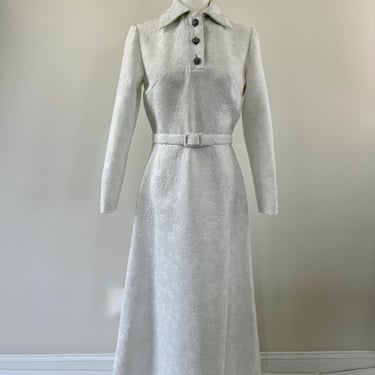 1970s Long White Polyester Dress with Belt 