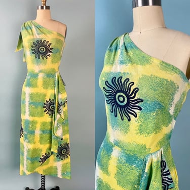 Vintage 1940s 1950s One Shoulder Sarong Sash Abstract Dress 