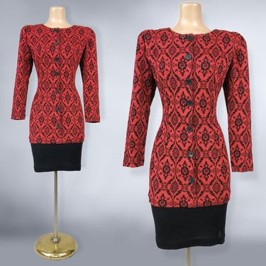 VINTAGE 80s Black and Red Damask Knit Mini Dress by Eber San Francisco Sz 9 | 1980s Curvy Sweater Dress | Vintage Knitwear | VFG 