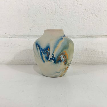 Vintage Nemadji Art Pottery Vase Swirl Handmade USA Flower Blue Orange Swirl Vanity Seven Falls Colorado MCM Beige 1970s 