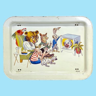 Vintage Folding Lap Tray Retro 1950s Mid Century Modern + Metal Frame + Kids + Cartoon Animals + Metal Legs + Bed or TV Table + Food Serving 