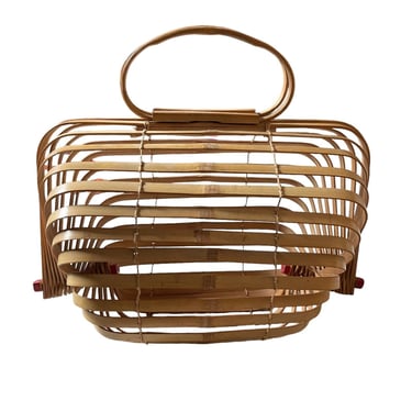 Vintage 1970s Brown Wood Rattan Fruit Basket Picnic Summer Tote Purse Bag 
