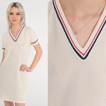 60s Tennis Dress Cream Knit Mod Mini Dress Semi-Sheer Striped V Neck Short Raglan Sleeve Shift Sixties Ringer Minidress Vintage 1960s Small 