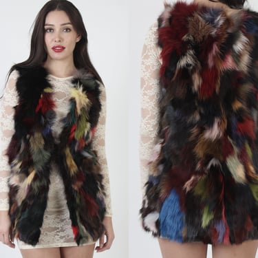 Rainbow Arctic Fox Vest, Real Plush Patchwork Fur, Colorful Fury Casual Long Neon Print 