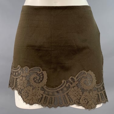 VANESSA BRUNO Size 0 Green Olive Silk Blend Lace Scalloped Hem Mini Skirt