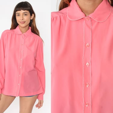 70s Peter Pan Collar Blouse Pink Button Up Shirt Long Sleeve Retro Preppy Professional Plain Secretary Simple Vintage 1970s Large L 