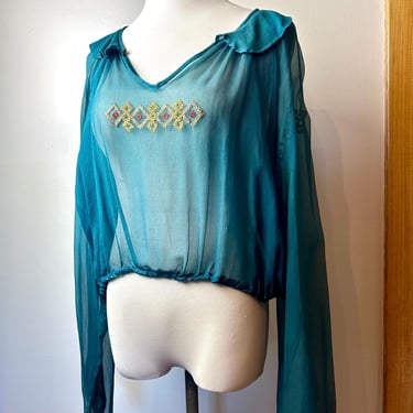 1920’s Art Deco Blouse~ Sheer 100% crepe Silk top~ Poet full sleeves~ Pinup flapper girl~ boxy blousy authentic 20’s era/size Large volup 