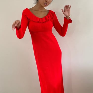 60s knit dress / vintage neon red ruffle collar ribbed knit snug maxi sweater dress | Small 
