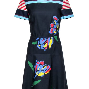 Suno - Navy & Multicolored Floral Print Short Sleeve Sheath Dress w/ Striped Trim Sz 8