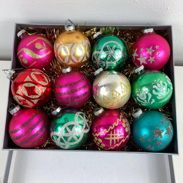 Vintage Stenciled Glass Ornament Mixed Dozen, Mercury Glass, Stenciled Stars, Mica Glitter Stencil Ornaments, Tulips, Hashtag, Stripes, Pink 