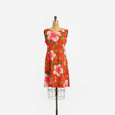 60s Ui - Maikai barkcloth Hawaiian mini dress | Vintage 1960s deadstock Red tropical Hibiscus dress 