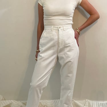 90s high rise khakis / vintage soft white cotton high waisted flat front chinos pants | 28 waist 