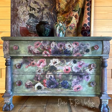 Romantic Floral Dresser , Rustic Farmhouse Dresser,  Hand Painted Floral Dresser, Garden Flowers, Vintage Dresser, Empire Dresser 