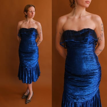 Vintage 80s Blue Metallic Strapless Dress/ 1980s New Leaf Party Dress/ size XS 