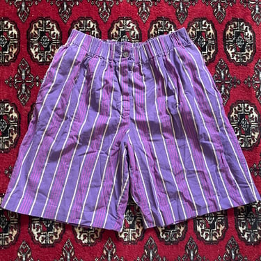 Vintage ‘80s ‘90s United Colors of Benetton striped shorts, made in Italy | purple &amp; fuchsia cotton boxer style shorts, IT 42 