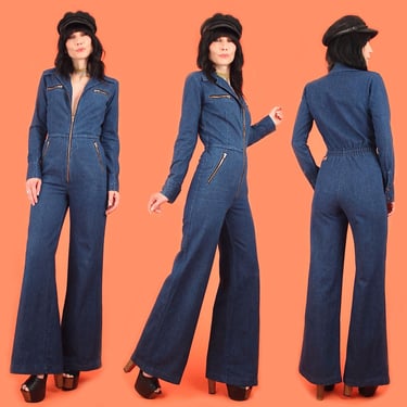ViNtAgE 1970's Dark Denim Bell Bottom Jumpsuit by Male // High Waisted Waist Bell Bottoms Jeans HiPPiE Disco Sz.S 