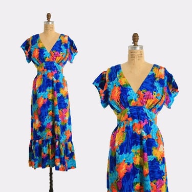 Vintage 1970s neon cotton ruffle maxi dress 