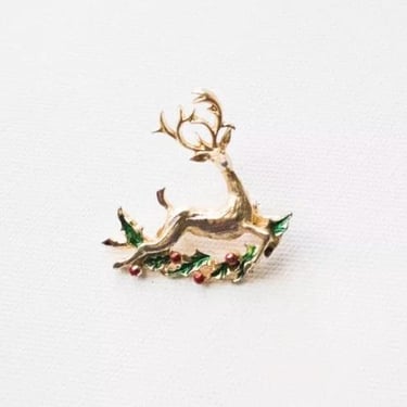 Vintage 80’s Leaping Reindeer With Garland Holly Brooch Pin Jewellery 