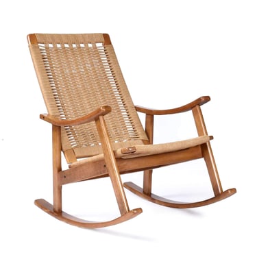 Mid-Century Modern Danish Style Woven Rope Seat Rocking Chair 
