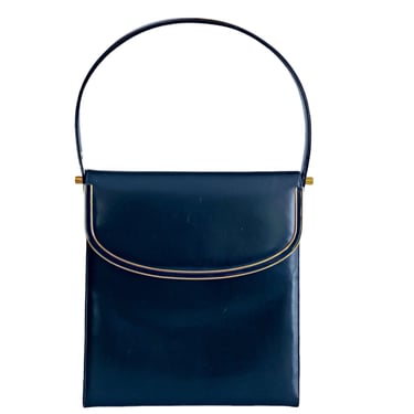 Vintage black leather top handle purse. Dressy gold trimmed handbag with flap and snap closure. 1970s Unmarked Coblentz pocketbook 