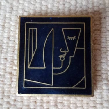 Black print pin, square pin, pin with abstract art, black and gold enamel pin, pin by The roulette company, Toledo, 1980's 