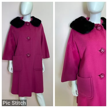 Vintage 60s magenta pink fur collar mod swing coat ML 